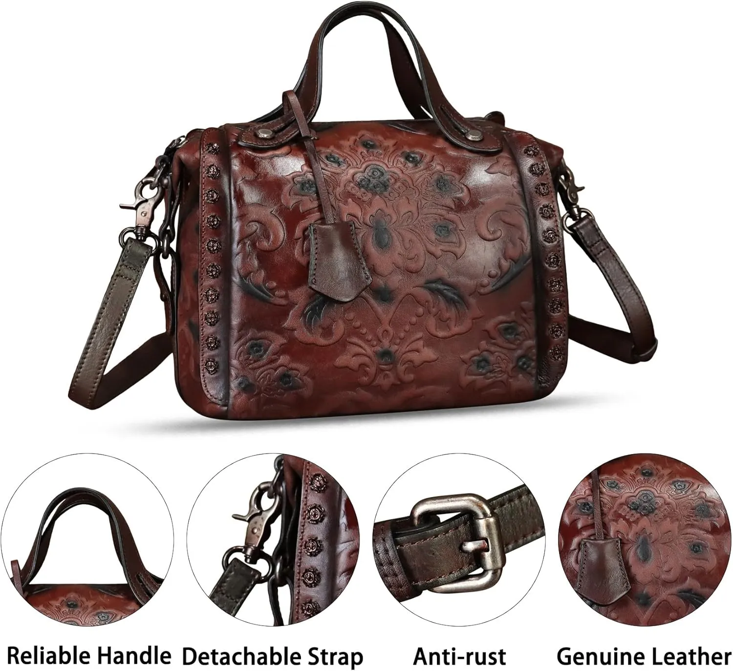 Genuine Leather Purses and Handbags for Women Vintage Embossed Leather Satchel Bags Shoulder Bag Crossbody with Strap