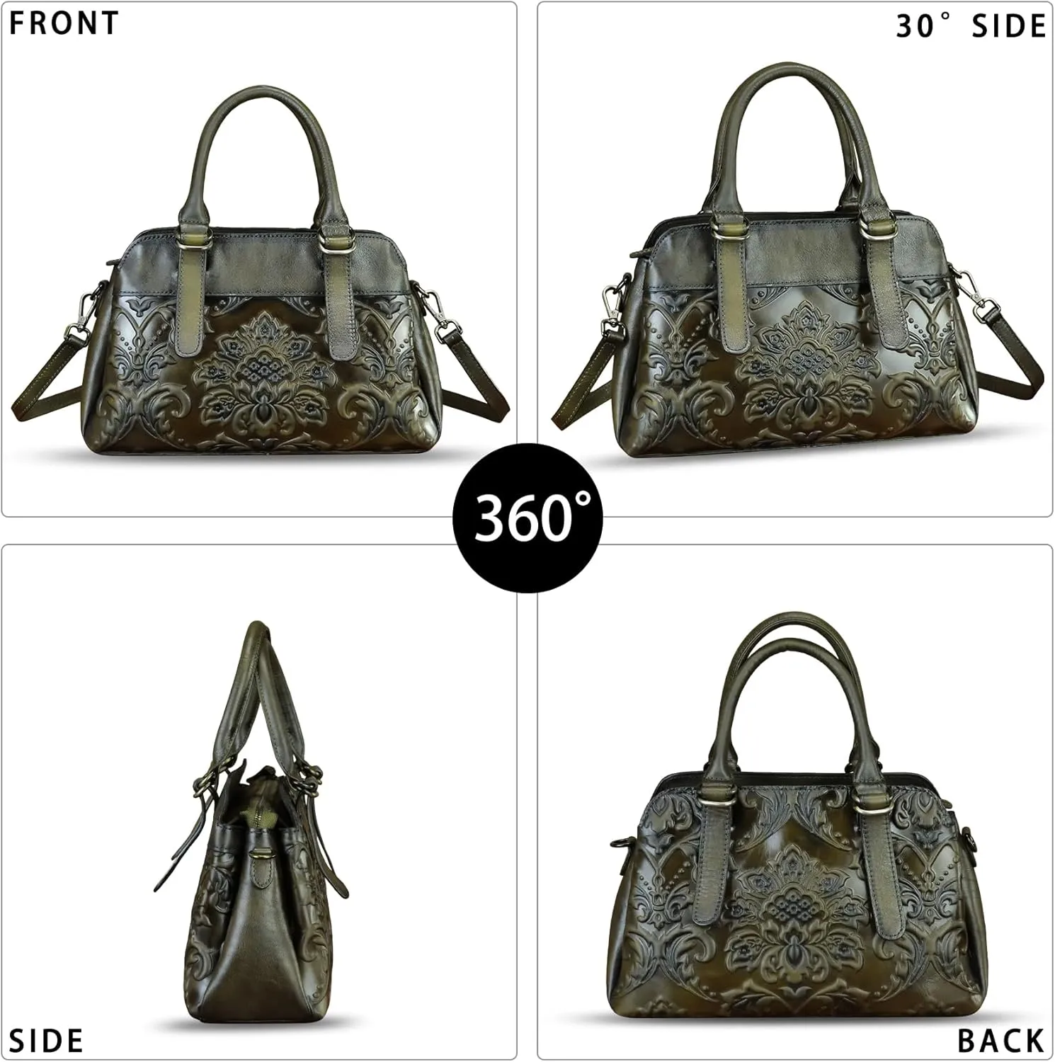 Genuine Leather Purses and Handbags for Women Vintage Embossed Leather Shoulder Bag Crossbody Satchel Bags with Strap