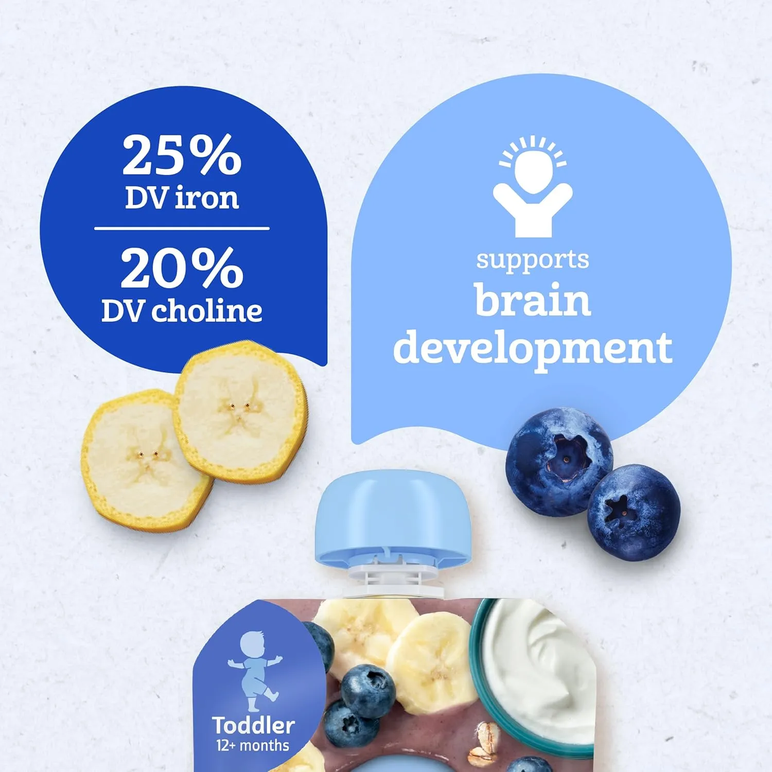 Gerber Toddler Food, Baby Food Pouches for Toddlers, Banana Blueberry, Fruit Puree, Yogurt & Whole Grains, Iron & Choline Helps Support Brain Development, No Artificial Flavors 3.5oz each (Pack of 12)