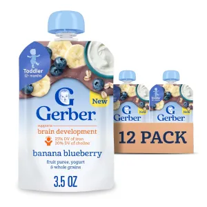 Gerber Toddler Food, Baby Food Pouches for Toddlers, Banana Blueberry, Fruit Puree, Yogurt & Whole Grains, Iron & Choline Helps Support Brain Development, No Artificial Flavors 3.5oz each (Pack of 12)