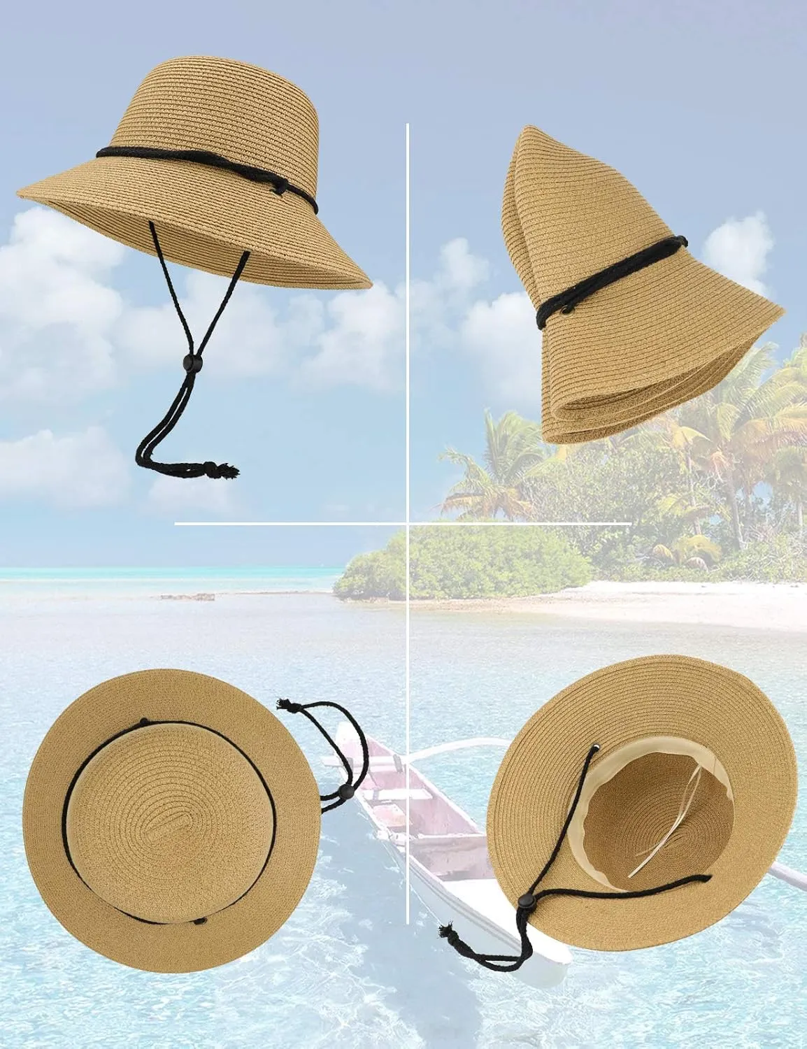 Gisdanchz Women Wide Brim Straw Hat with Chin Strap for Summer UV Sun Protect