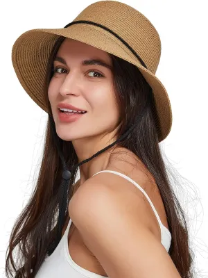 Gisdanchz Women Wide Brim Straw Hat with Chin Strap for Summer UV Sun Protect