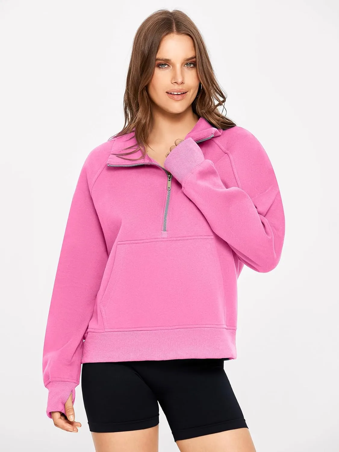 Glamaker Womens Sweatshirts Half Zip Pullover Fleece Cropped Comfort Fall Loose Outfits Fashion Long Sleeve Thumb Hole