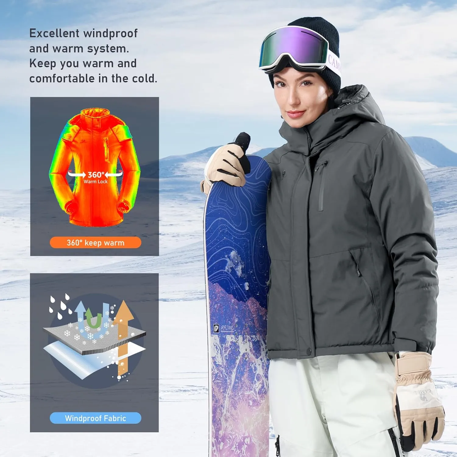 GOLDEN CAMEL Women's Winter Jacket Windproof Ski Snow Jacket Waterproof Thicken Parka Rain Jacket Warm Puffer Coat