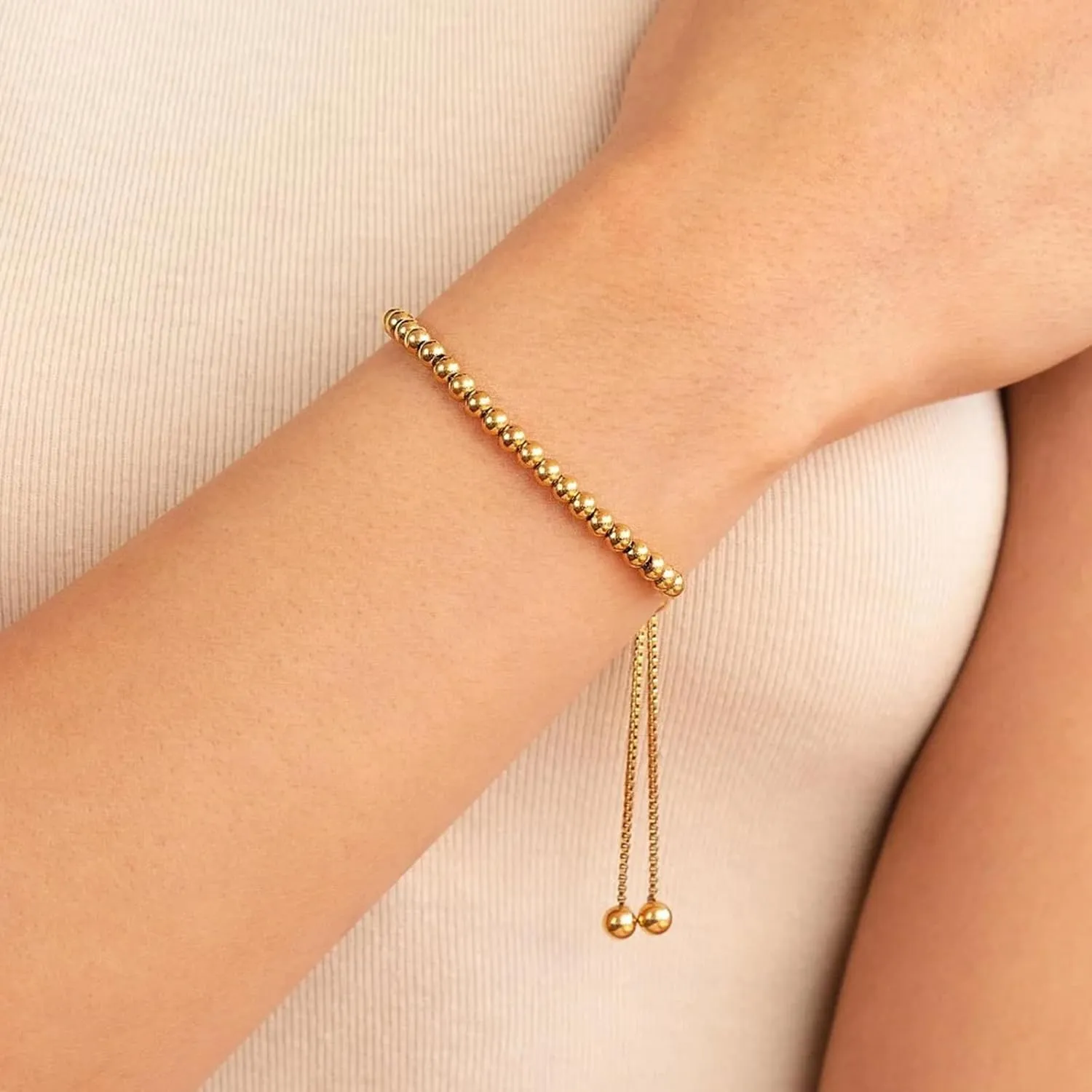 Gold/Silver Beaded Bracelet For Women Stainless Steel Round Ball Bracelet Stackable Bracelets Adjustable Jewelry
