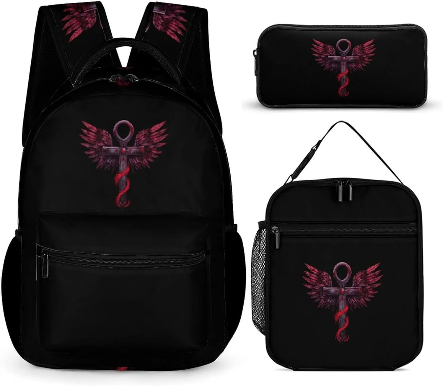 Gothic Silver Ankh Vampire with Red Wings Printed Backpack Set Travel Laptop Backpack with Lunch Bag And Pencil Bag