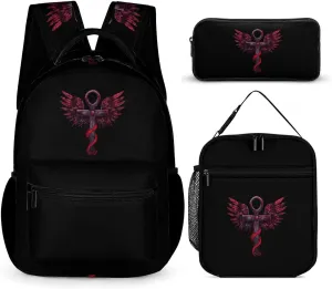 Gothic Silver Ankh Vampire with Red Wings Printed Backpack Set Travel Laptop Backpack with Lunch Bag And Pencil Bag