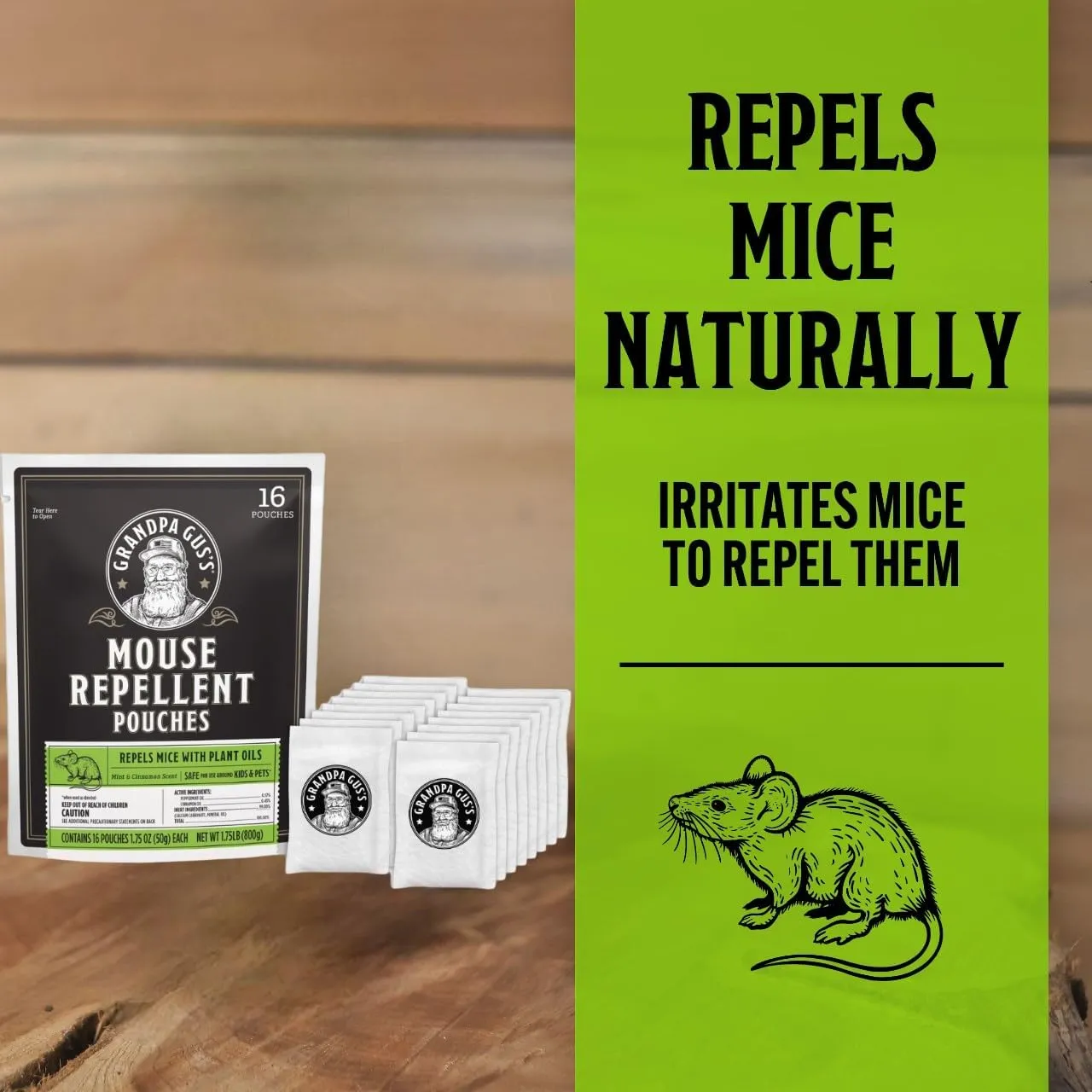 Grandpa Gus's Natural Mouse Repellent Pouches, Cinnamon/Peppermint Oils Repel Mice from Nesting & Freshen Air in Home/Cabin/Boat/Car Storage/RV/Machinery/Shed (16 Pouches)