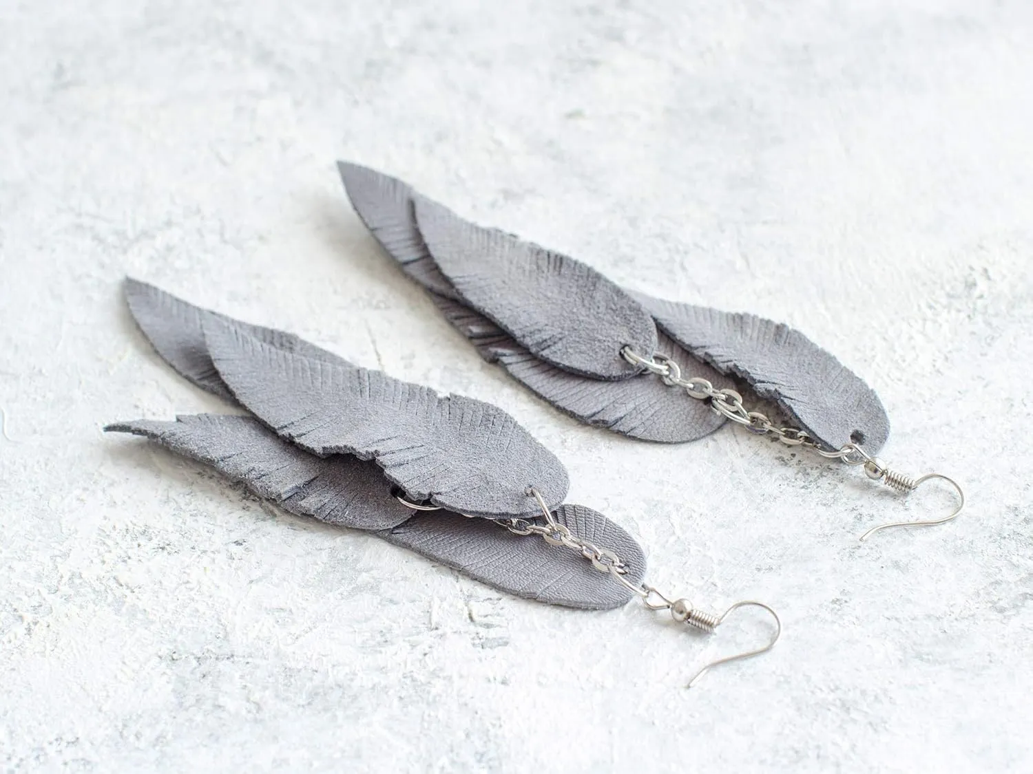 Grey suede leather Feather Earrings, Boho Lightweight Leather Statement Earrings, unique bohemian Handmade Gift for Her