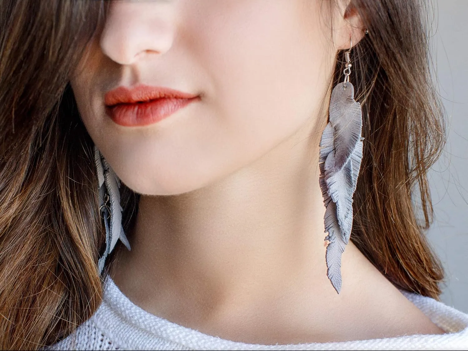 Grey suede leather Feather Earrings, Boho Lightweight Leather Statement Earrings, unique bohemian Handmade Gift for Her