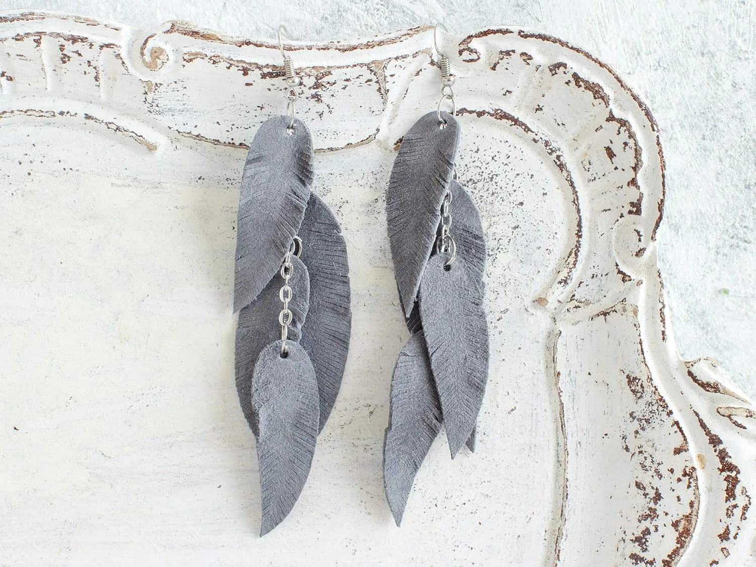 Grey suede leather Feather Earrings, Boho Lightweight Leather Statement Earrings, unique bohemian Handmade Gift for Her