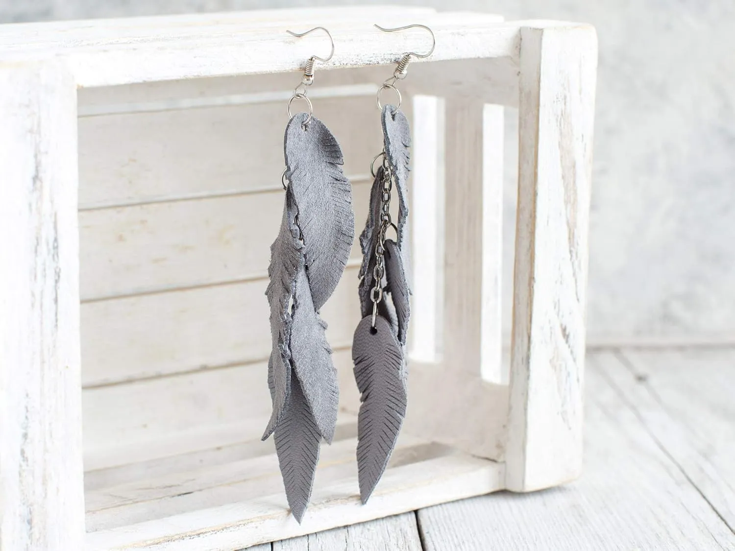 Grey suede leather Feather Earrings, Boho Lightweight Leather Statement Earrings, unique bohemian Handmade Gift for Her