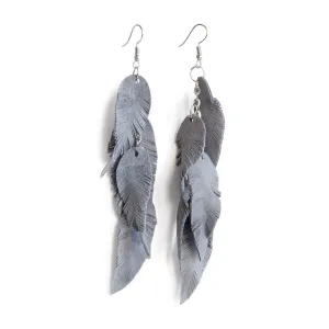 Grey suede leather Feather Earrings, Boho Lightweight Leather Statement Earrings, unique bohemian Handmade Gift for Her