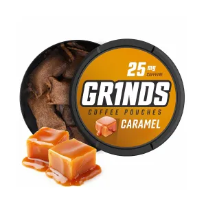Grinds Coffee Pouches | Tobacco Free, Nicotine Free Healthy Alternative | 3 Cans of Caramel | 18 Pouches Per Can | 1 Pouch eq. 1/4 Cup of Coffee (Caramel)