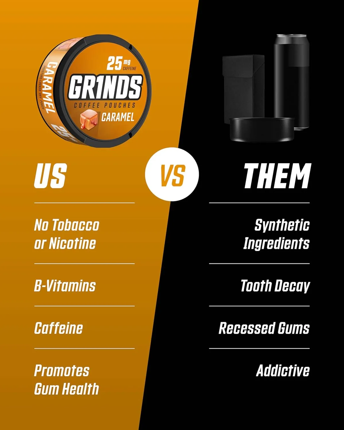 Grinds Coffee Pouches | Tobacco Free, Nicotine Free Healthy Alternative | 3 Cans of Caramel | 18 Pouches Per Can | 1 Pouch eq. 1/4 Cup of Coffee (Caramel)