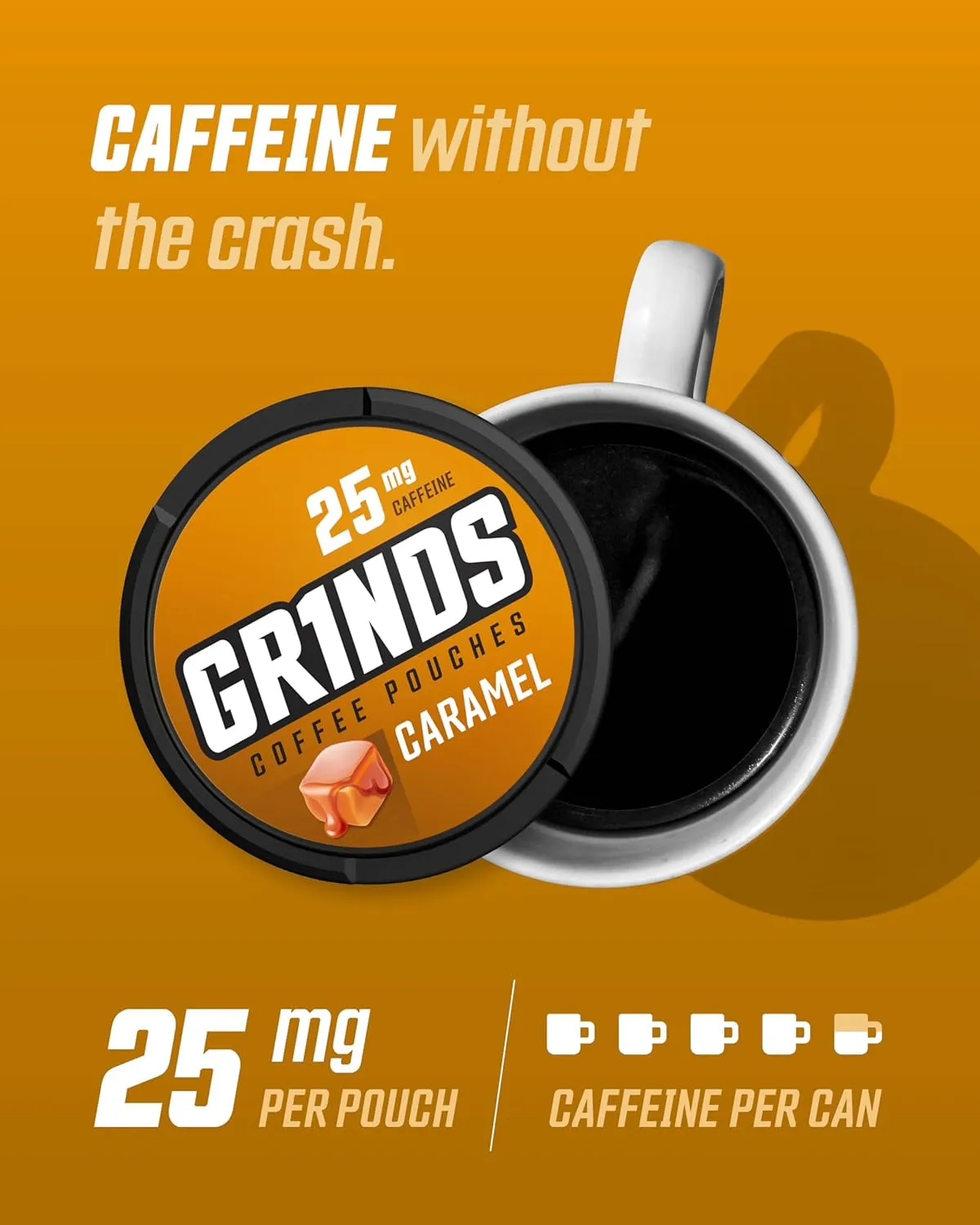 Grinds Coffee Pouches | Tobacco Free, Nicotine Free Healthy Alternative | 3 Cans of Caramel | 18 Pouches Per Can | 1 Pouch eq. 1/4 Cup of Coffee (Caramel)