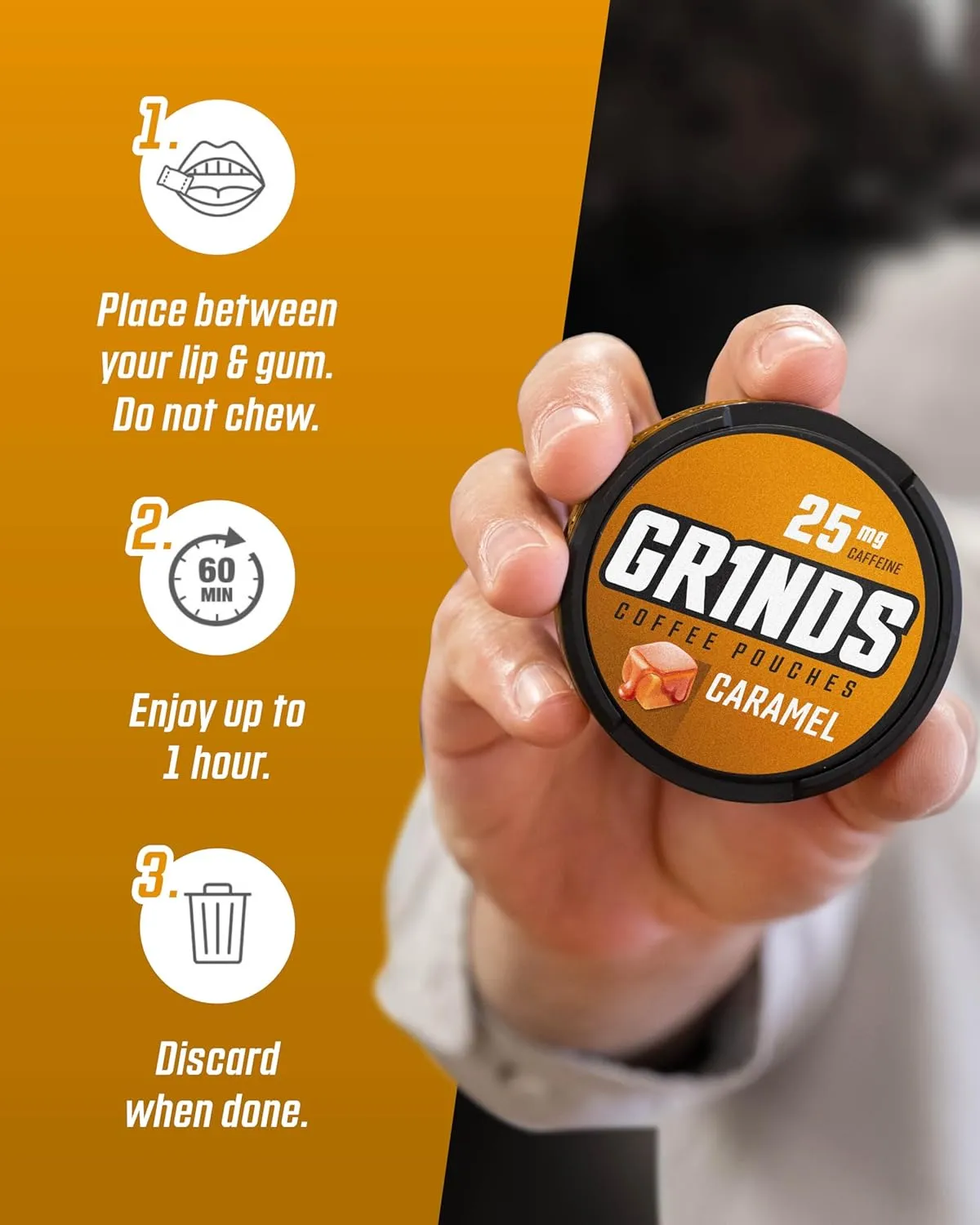 Grinds Coffee Pouches | Tobacco Free, Nicotine Free Healthy Alternative | 3 Cans of Caramel | 18 Pouches Per Can | 1 Pouch eq. 1/4 Cup of Coffee (Caramel)