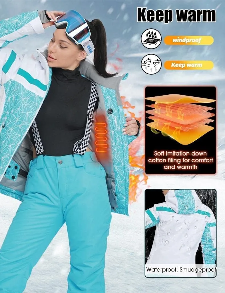 GS SNOWING Women's Ski Jackets and Pants Set Windproof Waterproof Insulated Snowsuit Winter Warm Snowboarding Snow Coat