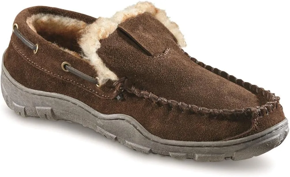 Guide Gear Suede Men’s Fur-Lined Suede Moccasin Slippers Indoor Outdoor Bedroom House Shoes