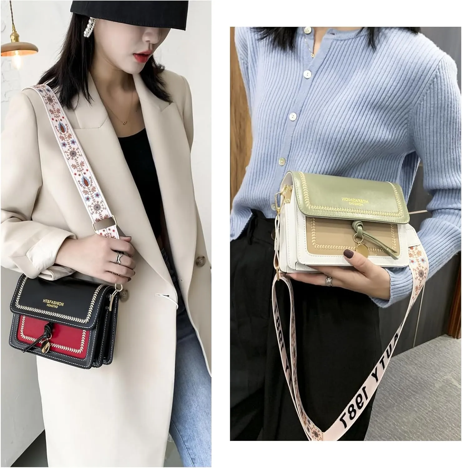 Guitar Strap Color-Block Crossbody Bags for Women Cute Designer Handbags Trendy Cross Body Purse Leather Shoulder Bag