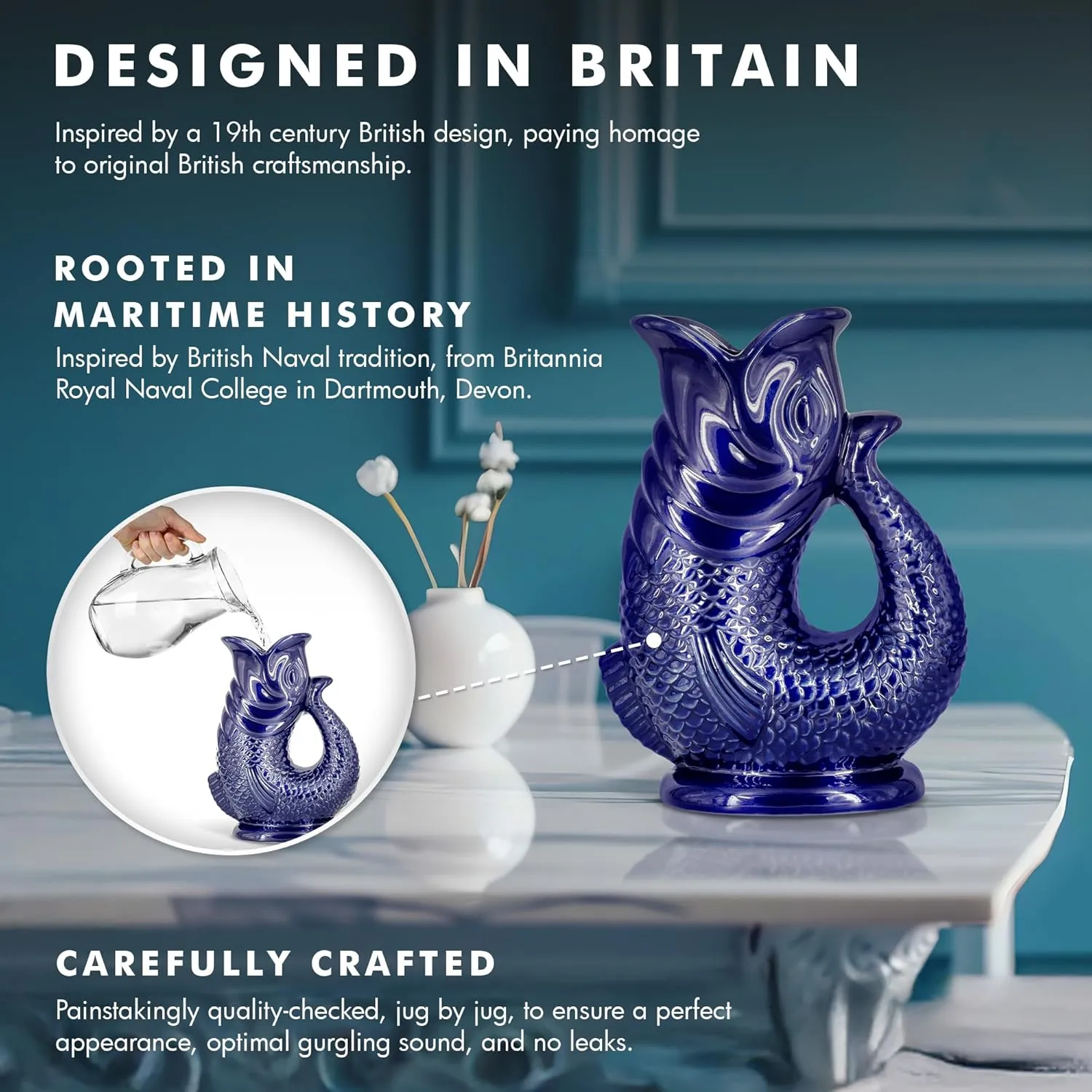 Gurgle Glug Jug The Bubble Jug® Surf Blue 50 fl oz 1.5L Litre Extra Large Pitcher - Fish Shaped Jug - Decorative Ceramic Glugging Cocktail, Water and Gin Vase and Gurgling Carafe Pot