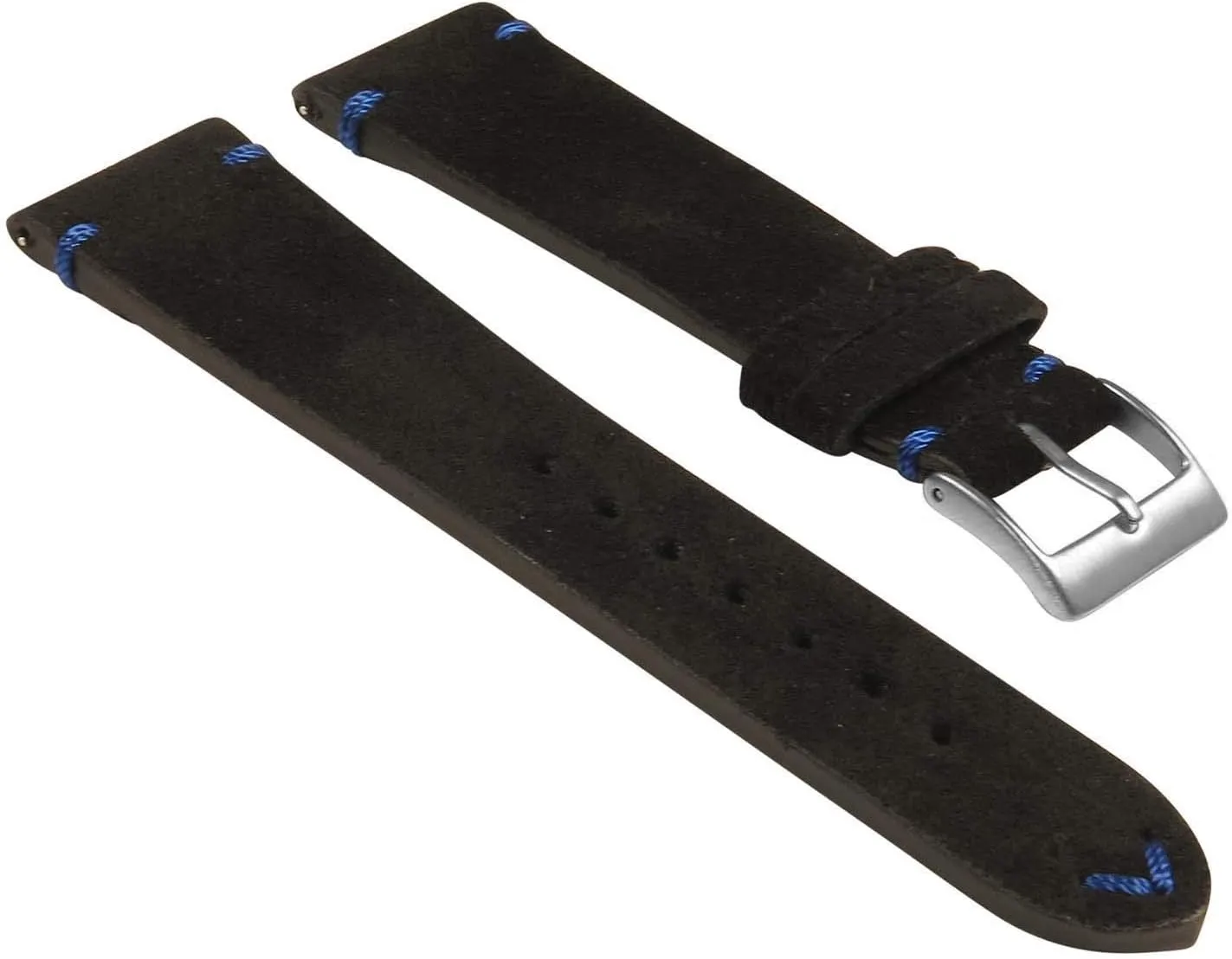 Hand-Stitched Suede Leather Quick Release Watch Band Strap - Black & Blue - 24mm - Long Length