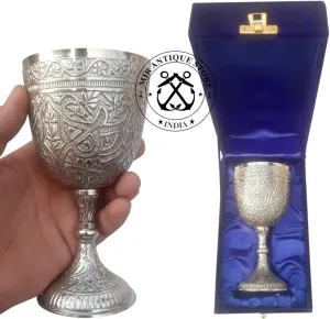 Handcrafted Solid Brass Wine Chalice Goblet – Embossed Silver Finish Cup with Blue Velvet Gift Box – Vintage Religious & Wedding Drinkware Collectible
