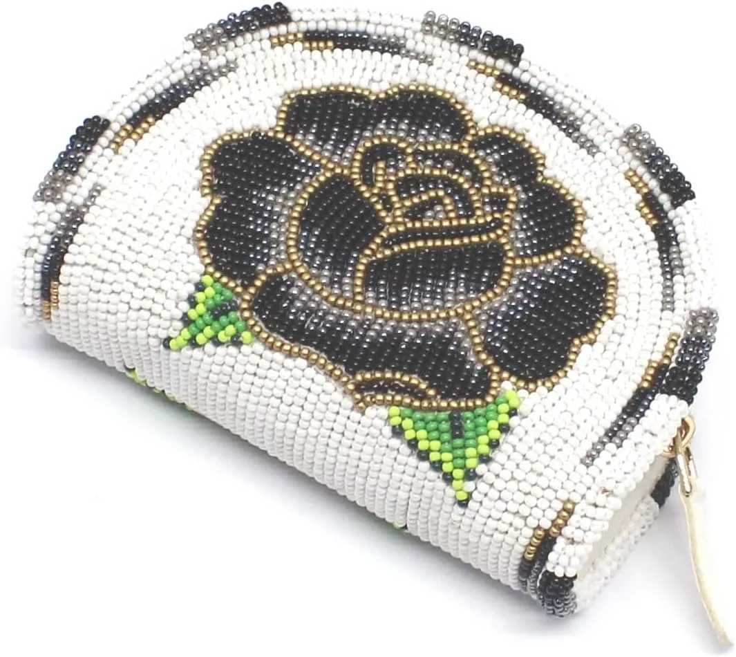 Handmade Beaded Coin Purse for Women, Seed Beads Native American Style Coin Pouch, Beaded Zippered Coin Wallet.(White)