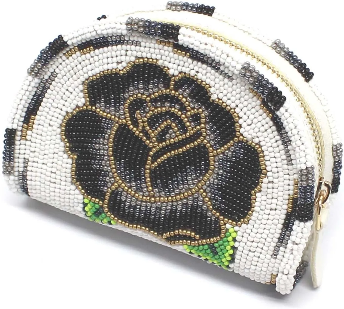 Handmade Beaded Coin Purse for Women, Seed Beads Native American Style Coin Pouch, Beaded Zippered Coin Wallet.(White)