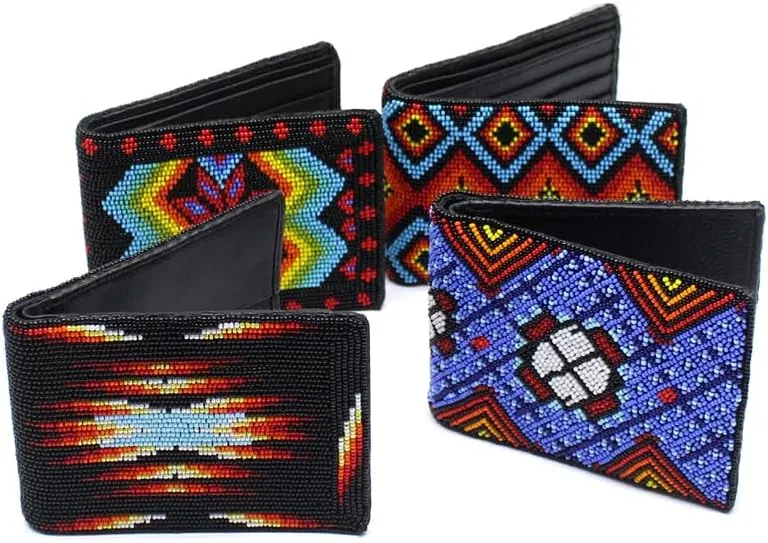 Handmade Beaded Leather Wallet, Seed Beads Inspired by Native American Style Men's Wallet, Suitable gift for him. (Black,Orange,Yellow)