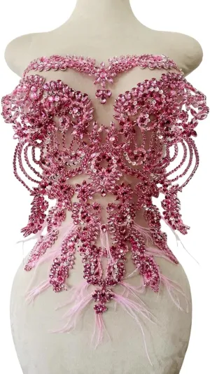 Handmade Red/Blue/Gold/Silver/Clear AB/Black/Orange/Pink Rhinestones lace Bodice Applique Sewing Beads Crystal Trim Ostrich Feather Patches Accessory for Dress Clothes (Pink)