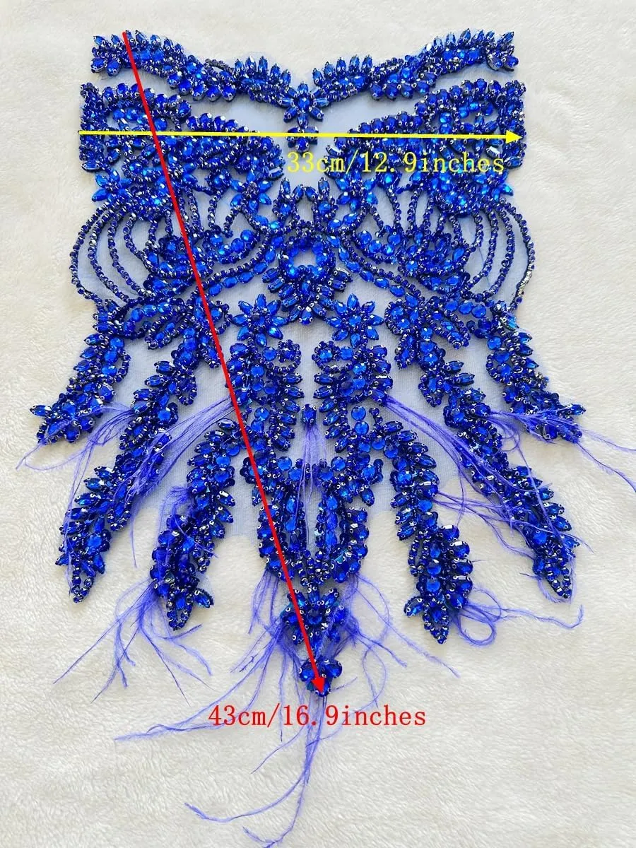 Handmade Red/Blue/Gold/Silver/Clear AB/Black/Orange/Pink Rhinestones lace Bodice Applique Sewing Beads Crystal Trim Ostrich Feather Patches Accessory for Dress Clothes (Pink)