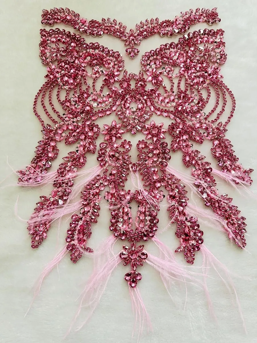 Handmade Red/Blue/Gold/Silver/Clear AB/Black/Orange/Pink Rhinestones lace Bodice Applique Sewing Beads Crystal Trim Ostrich Feather Patches Accessory for Dress Clothes (Pink)