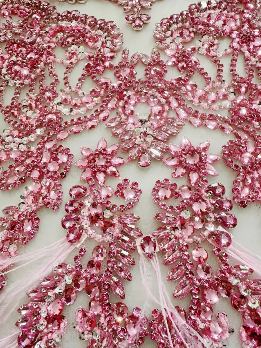 Handmade Red/Blue/Gold/Silver/Clear AB/Black/Orange/Pink Rhinestones lace Bodice Applique Sewing Beads Crystal Trim Ostrich Feather Patches Accessory for Dress Clothes (Pink)