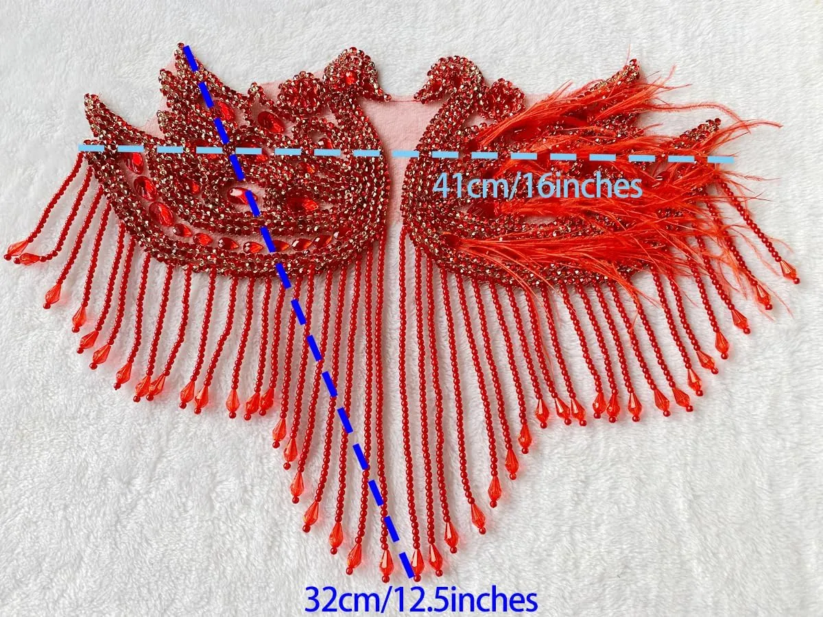 Handmade Sewing Beads Trim Swan Shape Patches Rhinestones Bodice Applique with Ostrich Feather Decoration Shining Dress Clothing Accessories 16X12.5inches (Red)
