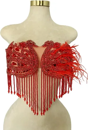 Handmade Sewing Beads Trim Swan Shape Patches Rhinestones Bodice Applique with Ostrich Feather Decoration Shining Dress Clothing Accessories 16X12.5inches (Red)