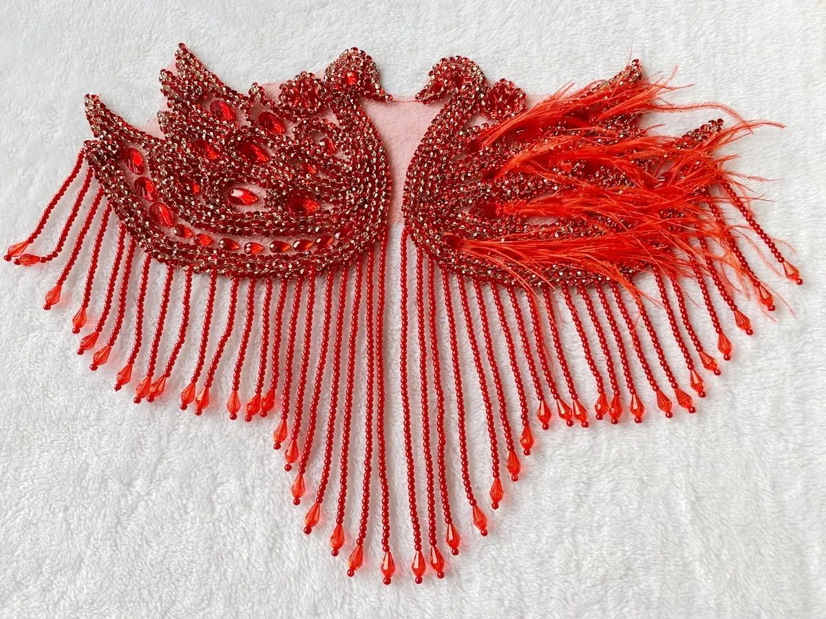 Handmade Sewing Beads Trim Swan Shape Patches Rhinestones Bodice Applique with Ostrich Feather Decoration Shining Dress Clothing Accessories 16X12.5inches (Red)