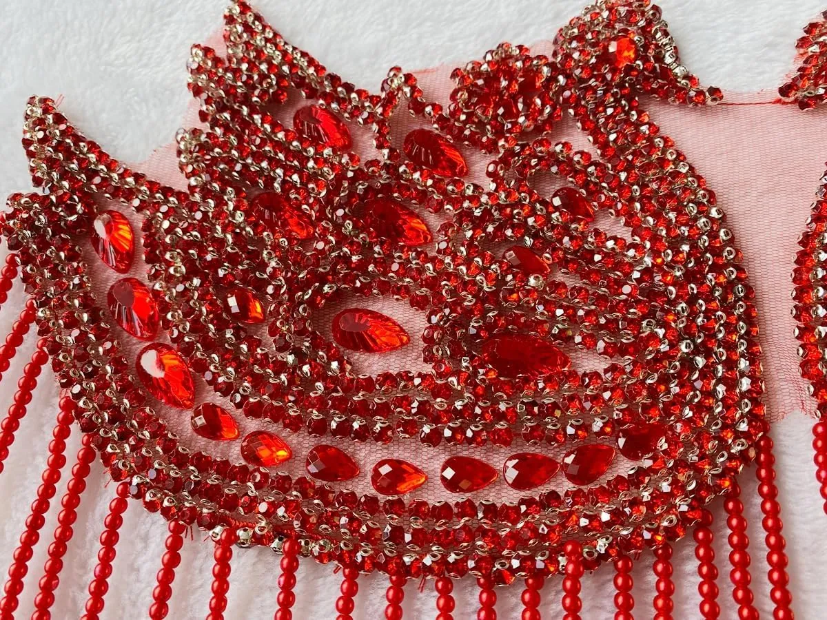 Handmade Sewing Beads Trim Swan Shape Patches Rhinestones Bodice Applique with Ostrich Feather Decoration Shining Dress Clothing Accessories 16X12.5inches (Red)