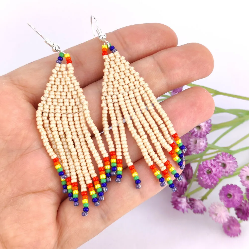 Handwoven Beaded Dangle Earrings - Tassel