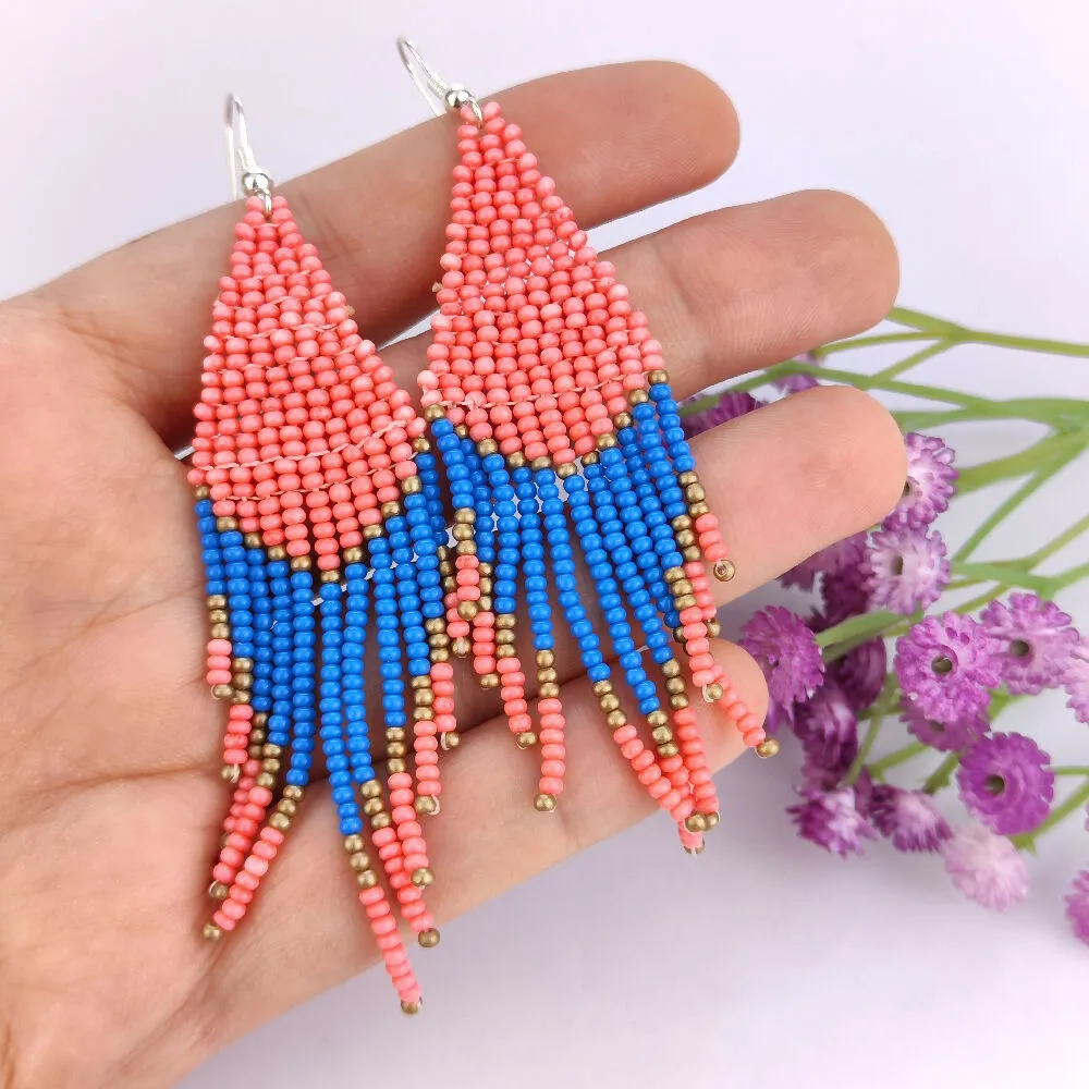 Handwoven Beaded Dangle Earrings - Tassel