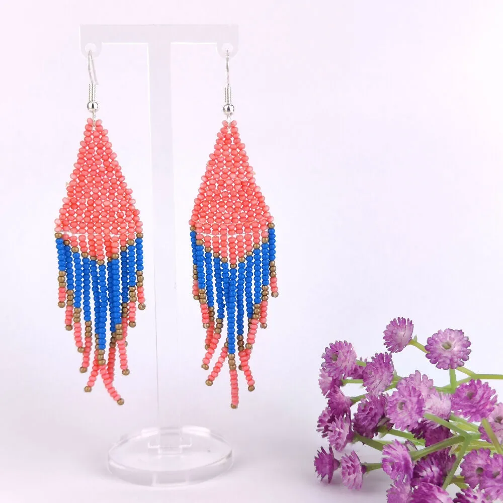 Handwoven Beaded Dangle Earrings - Tassel