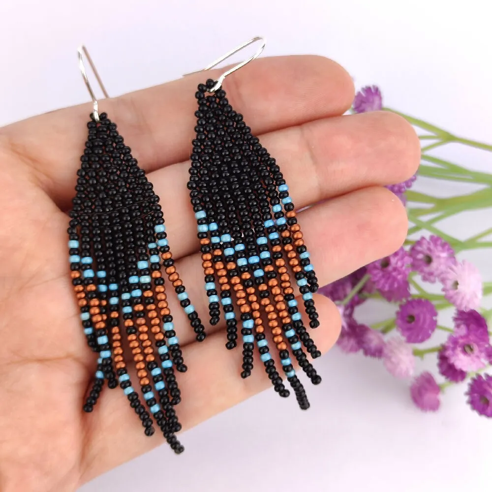 Handwoven Beaded Dangle Earrings - Tassel