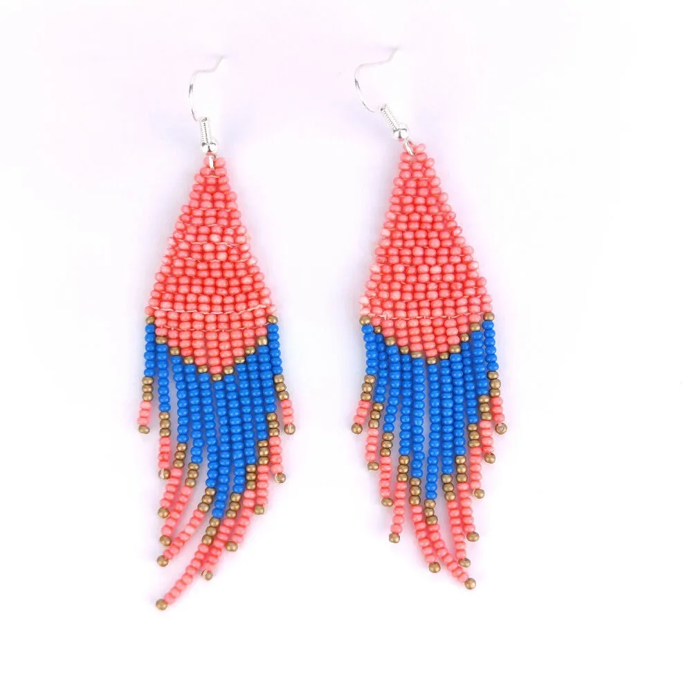 Handwoven Beaded Dangle Earrings - Tassel