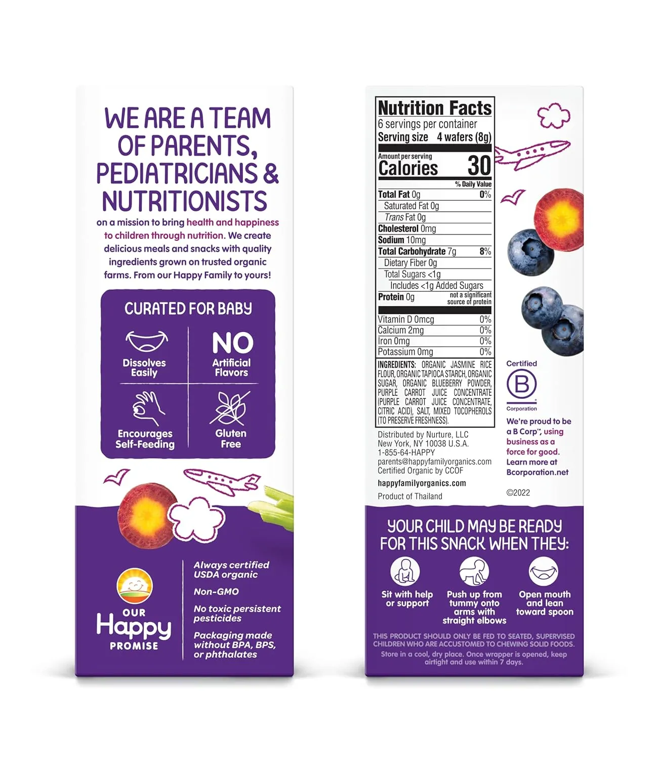 Happy Baby Organics Baby Snacks, Gentle Teething Wafers, Gluten Free & Vegan, Blueberry & Purple Carrot, 12 Count (Pack of 6)