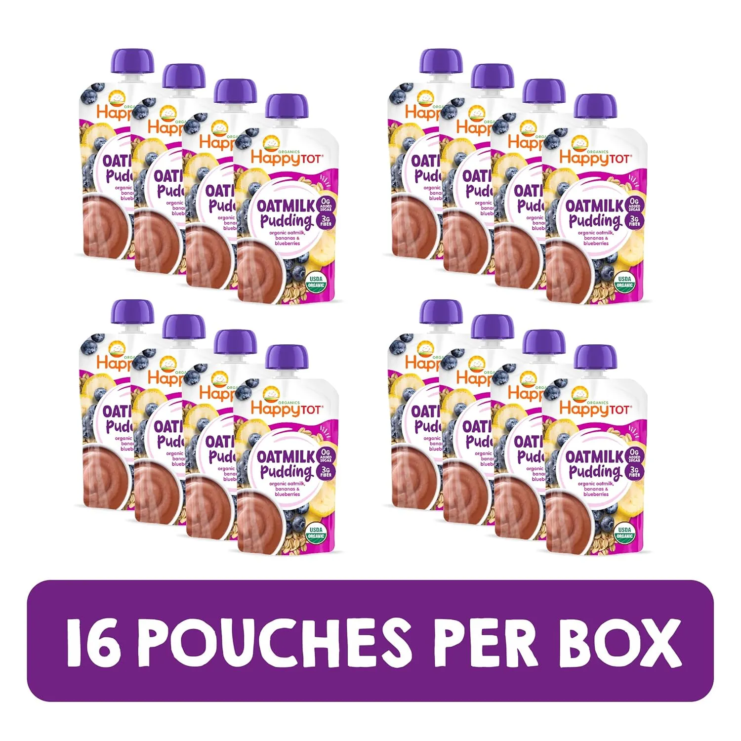 Happy Tot Organics Oatmilk Pudding, Dairy-Free, Stage 4 Toddler Snack, Oatmilk, Bananas & Blueberries, 4 Ounce Pouch, Pack of 16