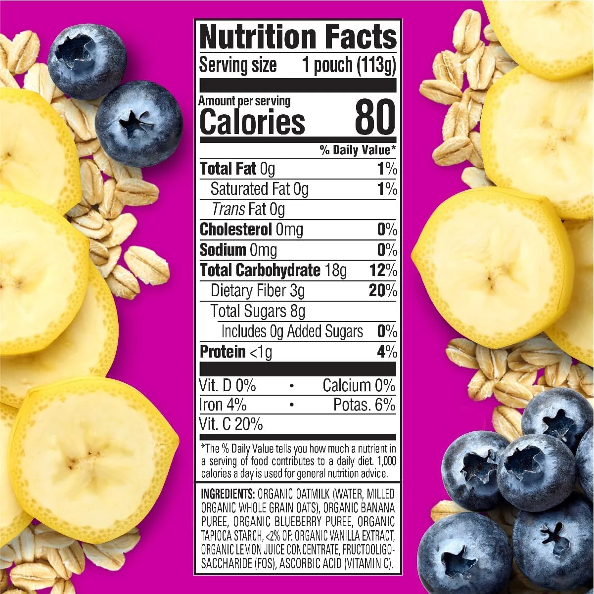 Happy Tot Organics Oatmilk Pudding, Dairy-Free, Stage 4 Toddler Snack, Oatmilk, Bananas & Blueberries, 4 Ounce Pouch, Pack of 16