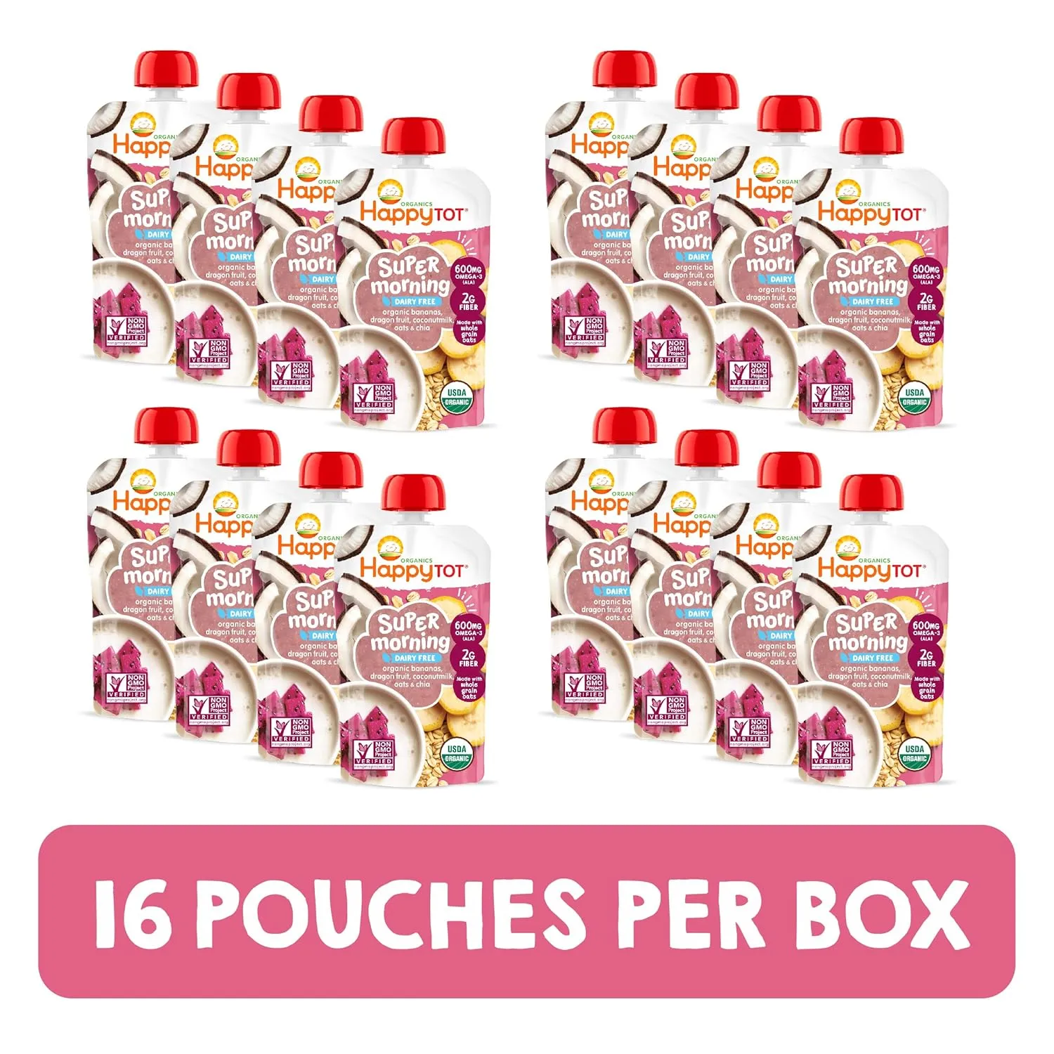 Happy Tot Organics Stage 4 Baby Food Pouches, Gluten Free, Vegan & Dairy Free Snack, Super Morning Fruit & Oat Blend, Bananas, Dragon Fruit, Coconutmilk, Oats & Chia, 4 Oz (Pack of 16)