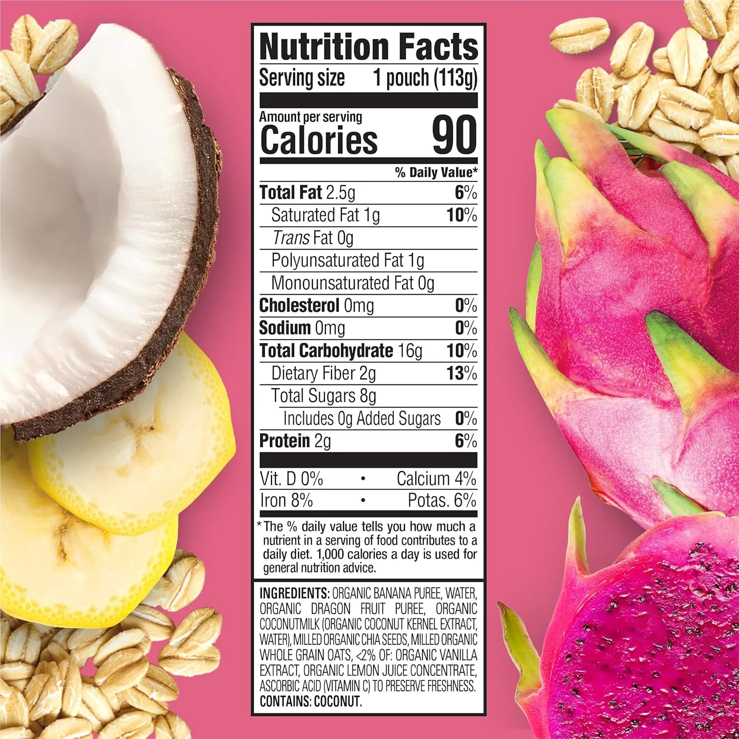 Happy Tot Organics Stage 4 Baby Food Pouches, Gluten Free, Vegan & Dairy Free Snack, Super Morning Fruit & Oat Blend, Bananas, Dragon Fruit, Coconutmilk, Oats & Chia, 4 Oz (Pack of 16)