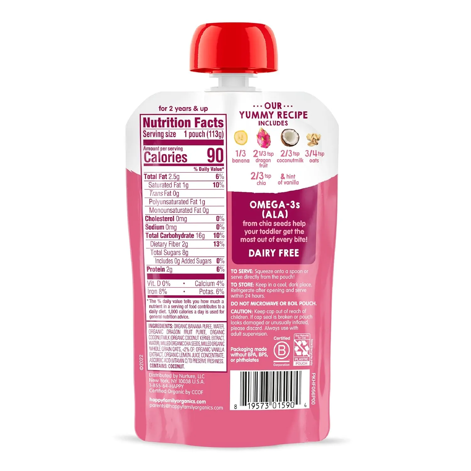 Happy Tot Organics Stage 4 Baby Food Pouches, Gluten Free, Vegan & Dairy Free Snack, Super Morning Fruit & Oat Blend, Bananas, Dragon Fruit, Coconutmilk, Oats & Chia, 4 Oz (Pack of 16)