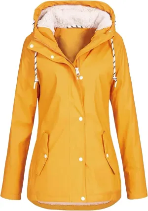 Hasta Womens Rain Jackets Waterproof Hood Thickened Long Rain Coats Fleece Warm Windbreaker Winter Outdoor Snow Trench Coats